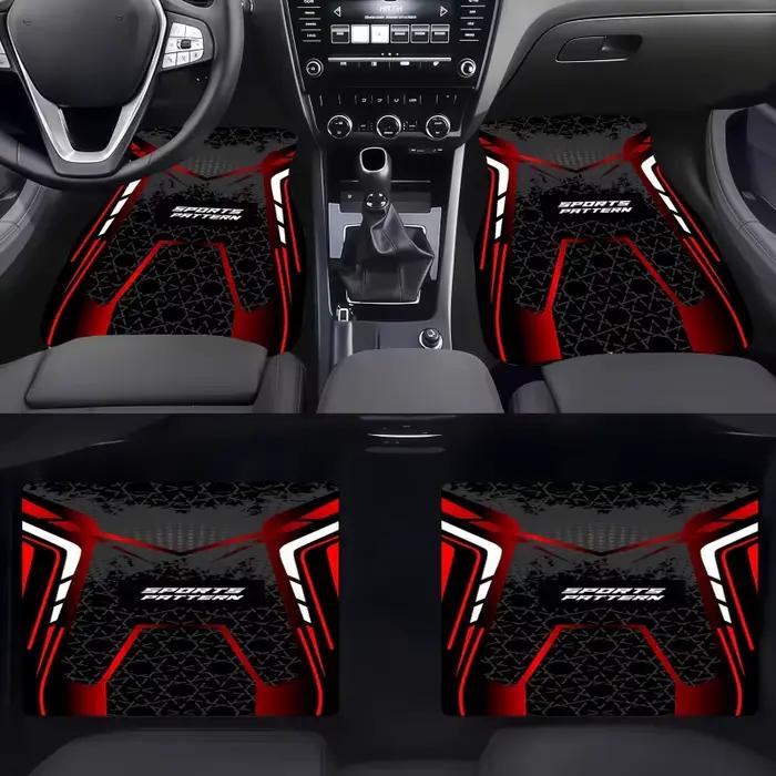 4 ensembles de tapis de sol de voiture à motifs sportifs, design futuriste avec motifs géométriques noirs et blancs et accents rouges, Moder
