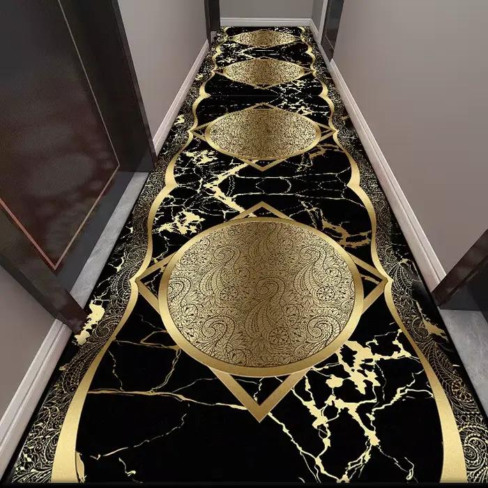 Tapis de couloir Long doré, décoration européenne de luxe, antidérapant, facile à nettoyer, tapis de sol pour escaliers