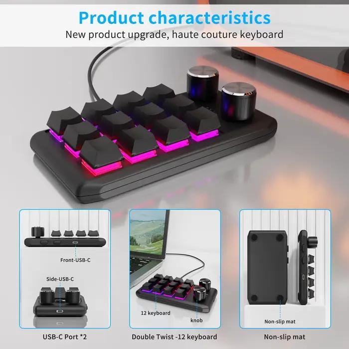 Bluetooth 12 touches 2 boutons USB programmation Macro clavier personnalisé Console de jeu