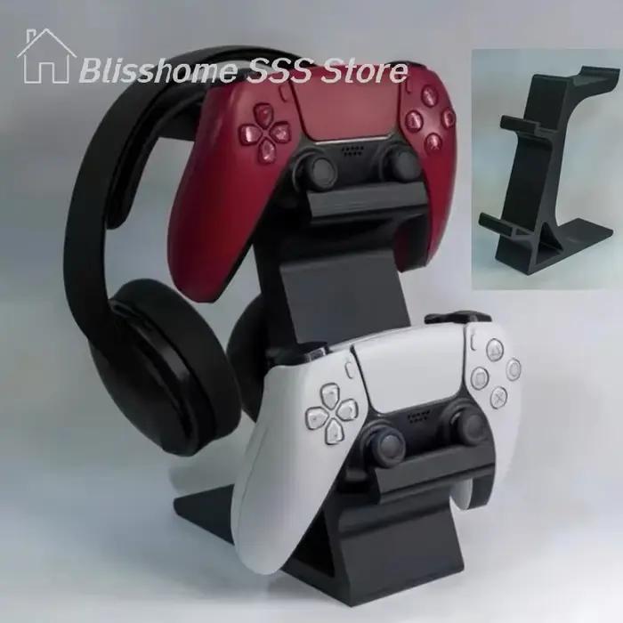 Support de contrôleur PS5 3-en-1 pour bureau avec support pour casque, organisateur de jeux pour 2 manettes et 1 casque, design anti-chute et minimaliste, matériau plastique, disponible en corail, gris clair et neige