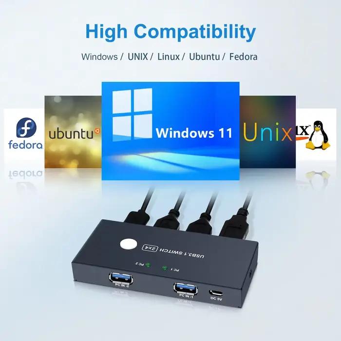Commutateur KVM USB 2.0 Plug and Play adapté au clavier Windows 10