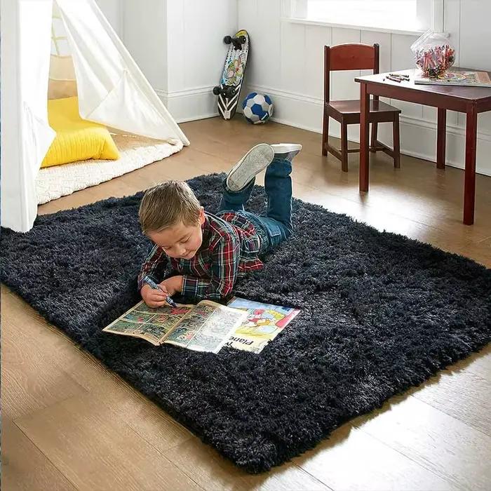 Tapis en fourrure noir doux pour chambre d'enfant, couverture de sol pour salon, chambre à coucher, décoration intérieure moderne pour la maison