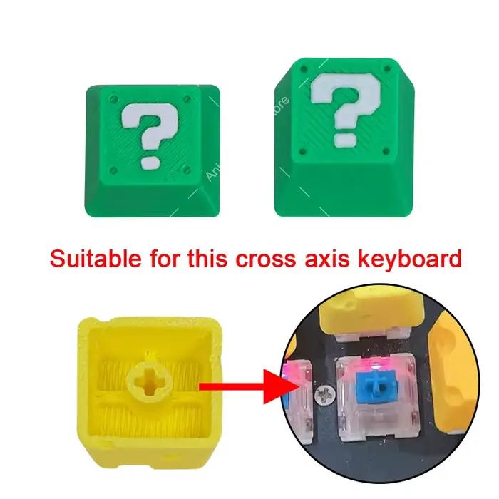 Clavier mécanique à axe croisé imprimé en 3D avec touches personnalisées en forme de point d'interrogation et de fromage