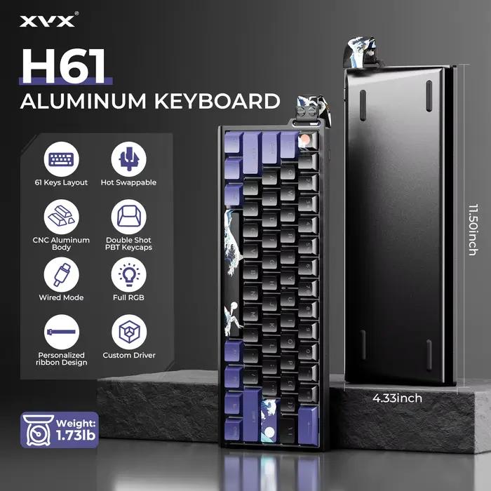 XVX H61 clavier mécanique filaire en aluminium 60% avec capuchons de touches Kanagawa