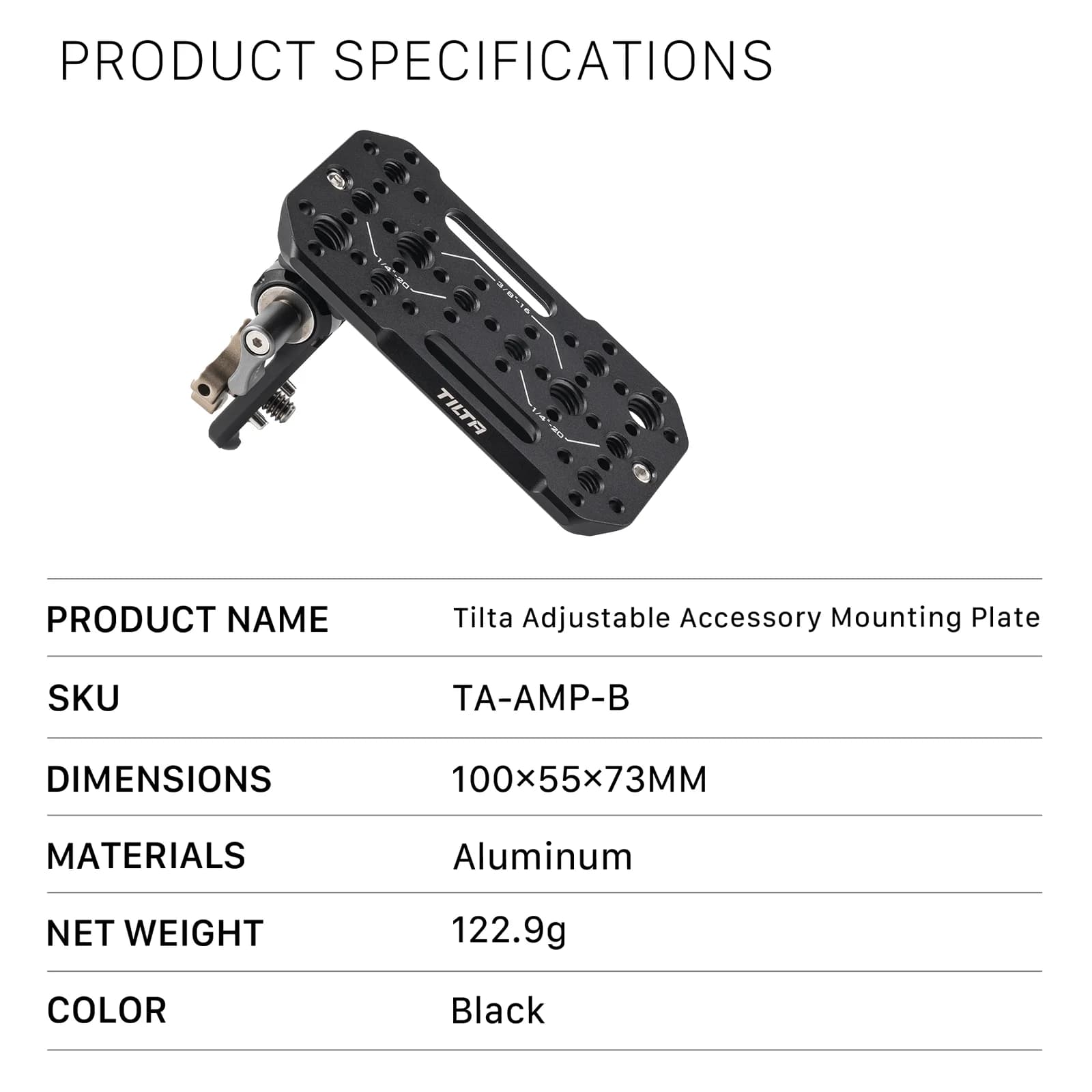 TILTA-Plaque de Montage Accessoire Réglable, Transrail Noir via 1/4 "-20 et 3/8"-16 Fils avec Points