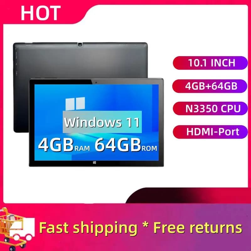 Tablette Windows 11 10,1 pouces 4 Go de RAM 64 Go de ROM 64 bits Intel Atom N3350 Quad Core Double c