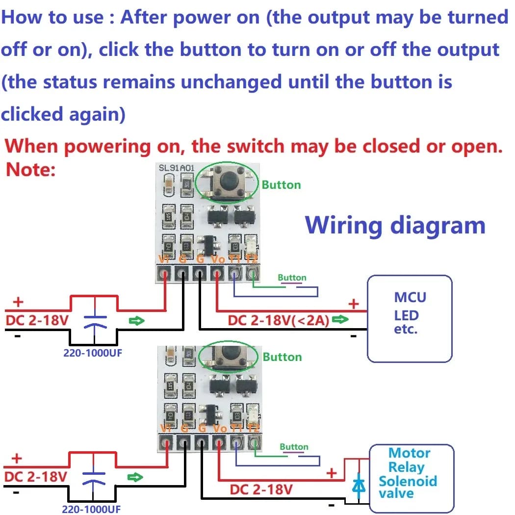 Contrôleur LED DC 2-18V 2A, Module de commutation autobloquant Bistable, bouton tactile, carte élect