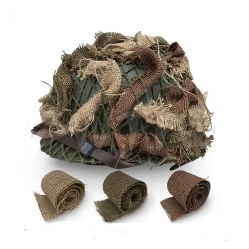 CAMOUFLAGE-BURLAP Military WW2 US ARMY INFANTRY HELMET SCRIM, TROIS COULEURS