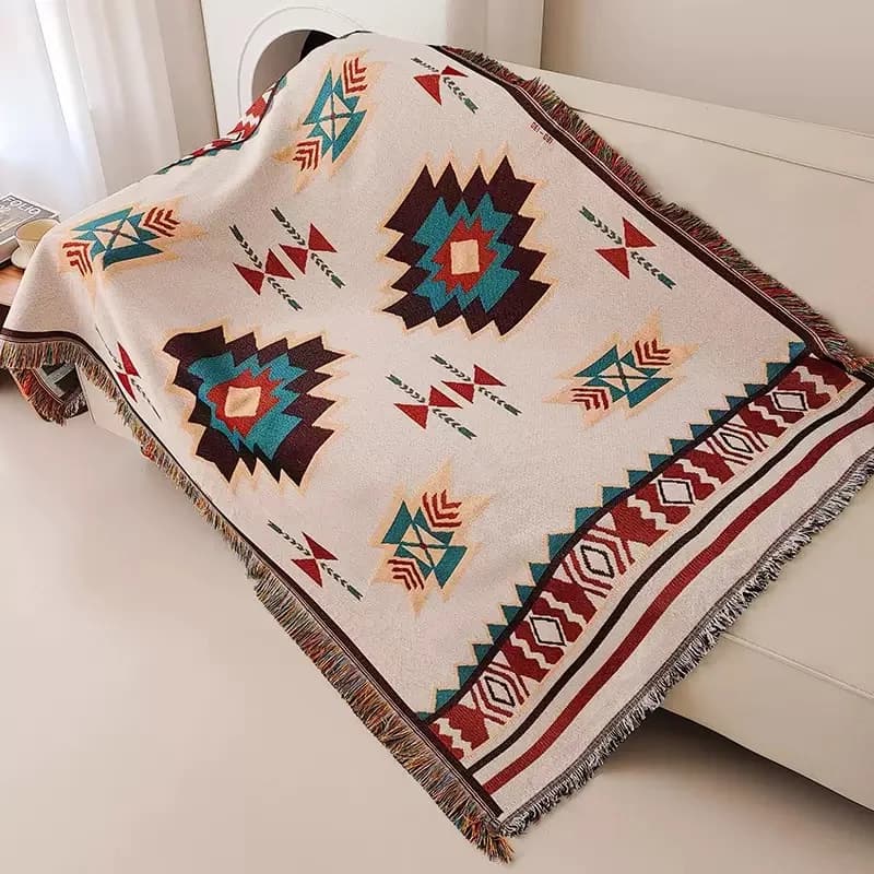 Couverture aztèque, couverture Boho surdimensionnée avec frange, tapisserie géométrique du sud-ouest