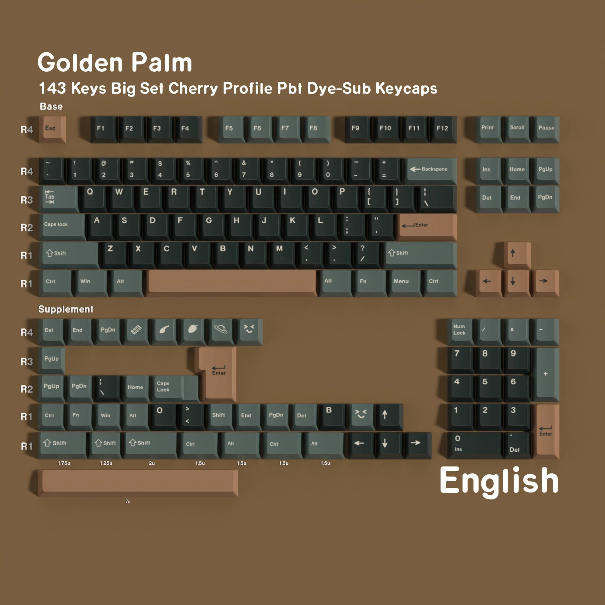 Clavier mécanique avec touches PBT Cherry Profile Olive Green Gold Brown 143 touches, style vintage 