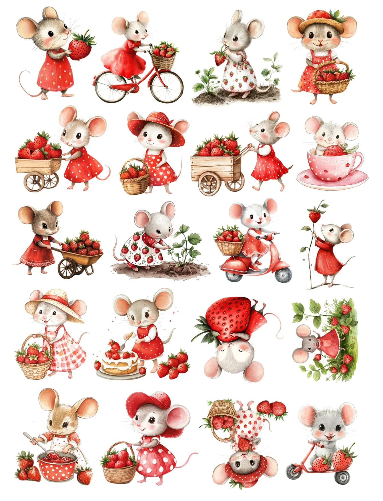 20 pièces mignon aquarelle douce et fraise souris papeterie autocollants Kawaii planificateur Scrapb