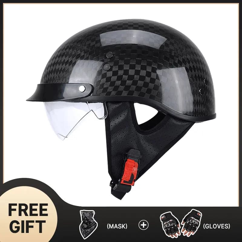 Casque de moto demi-visage léger en Fiber de carbone noir brillant 12K, lentille intérieure foncée e