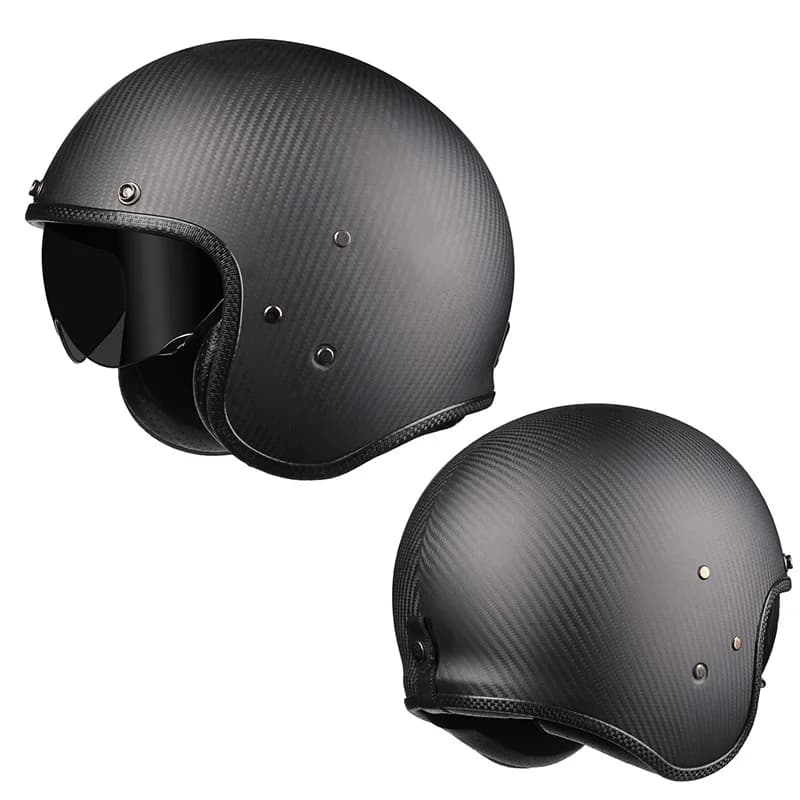 Casque Moto Vintage Jet Rétro 3/4 en Fibre de Carbone Authentique pour Cafe Racer avec Visière Intér