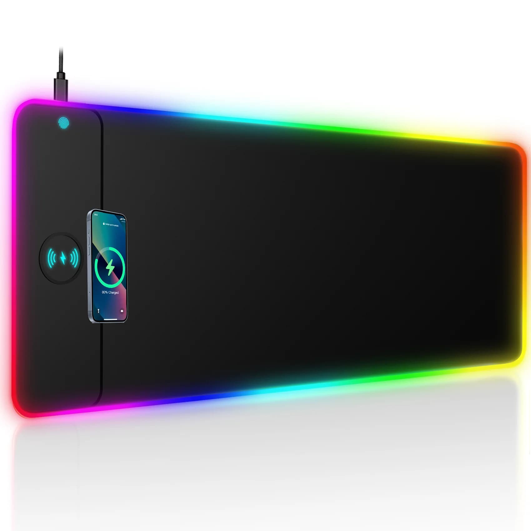 Tapis de souris lumineux rvb, chargement sans fil, chargeur de téléphone, tapis de souris de jeu, cl