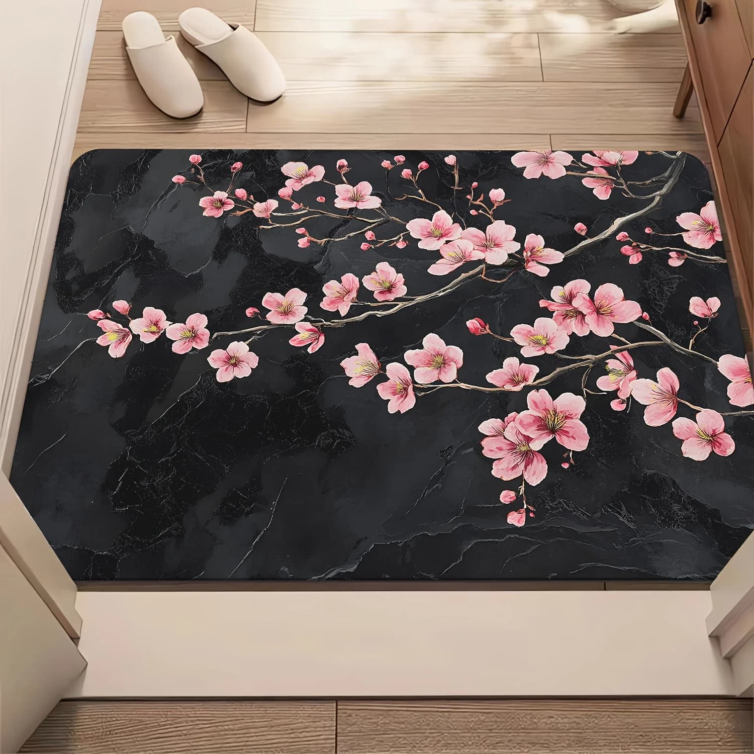 Tapis de sol antidérapant lavable en marbre noir avec motif de fleurs de prunier rose de luxe pour l