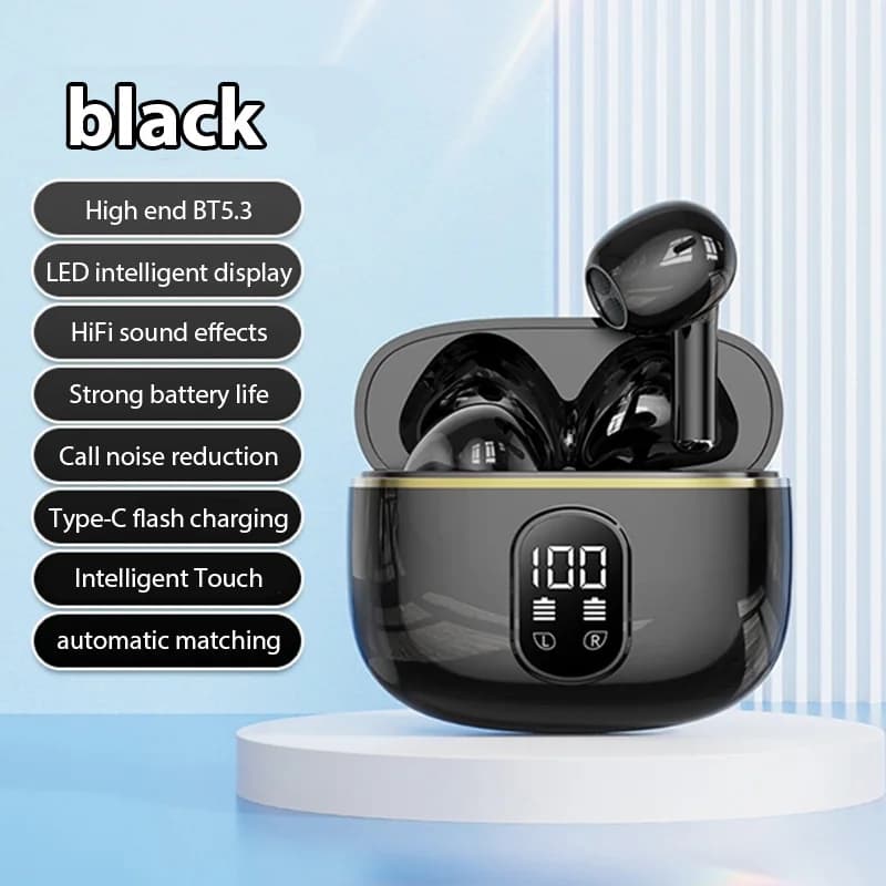 Écouteurs sans fil Bluetooth 5.3, son stéréo HIFI, affichage de la puissance, oreillettes, réduction