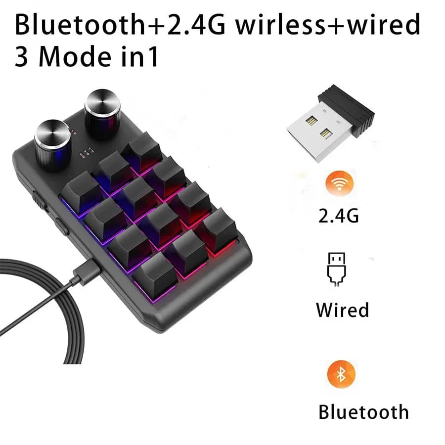 Clavier programmable Bluetooth personnalisable 3 modes, 12 touches, 2 boutons rotatifs, mini-bouton 