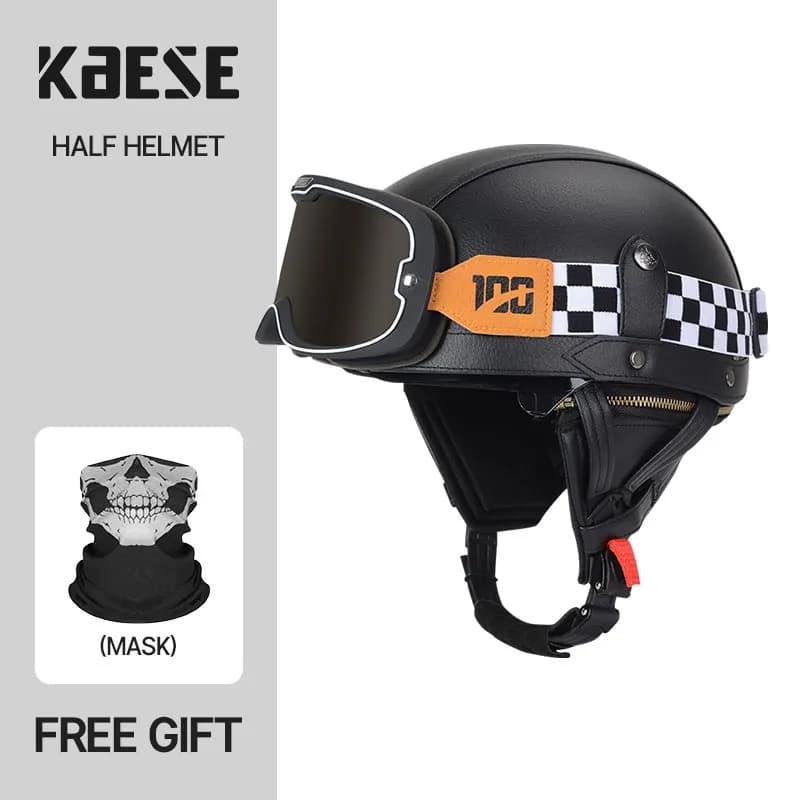 Casque de Moto Classique Rétro en Cuir, Demi-casque de Hurbike, Lunettes de Soldat, Casquette de Hur