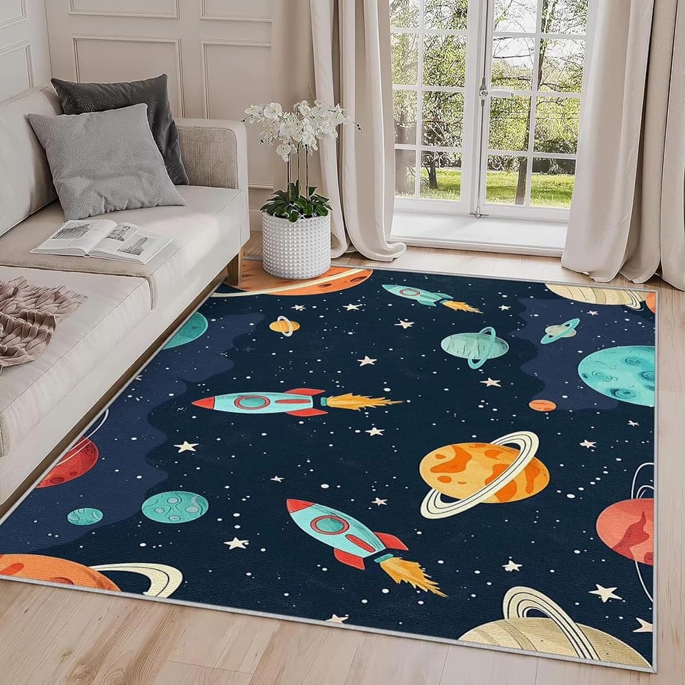 Tapis de dessin animé avec motif de fusée spatiale et de planètes, imprimé système solaire mignon, a