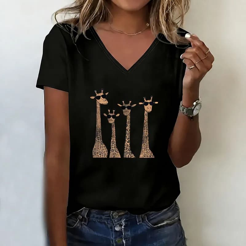 T-shirt girafe mignon à col en V, décontracté, tendance Y2k, imprimé, pour femmes, à manches courtes
