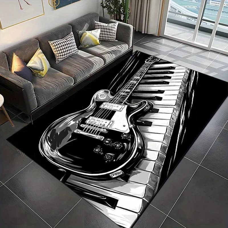 Tapis en flanelle imprimé avec motif de guitare et de piano, design d'instrument de musique, tapis e