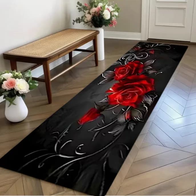 Tapis de couloir long antidérapant et lavable à motif floral rose rouge noir pour cuisine, chambre e