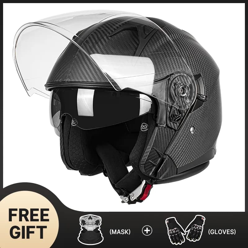 Casque de moto ouvert 3/4 en fibre de carbone forgée brillante de qualité supérieure avec pare-solei