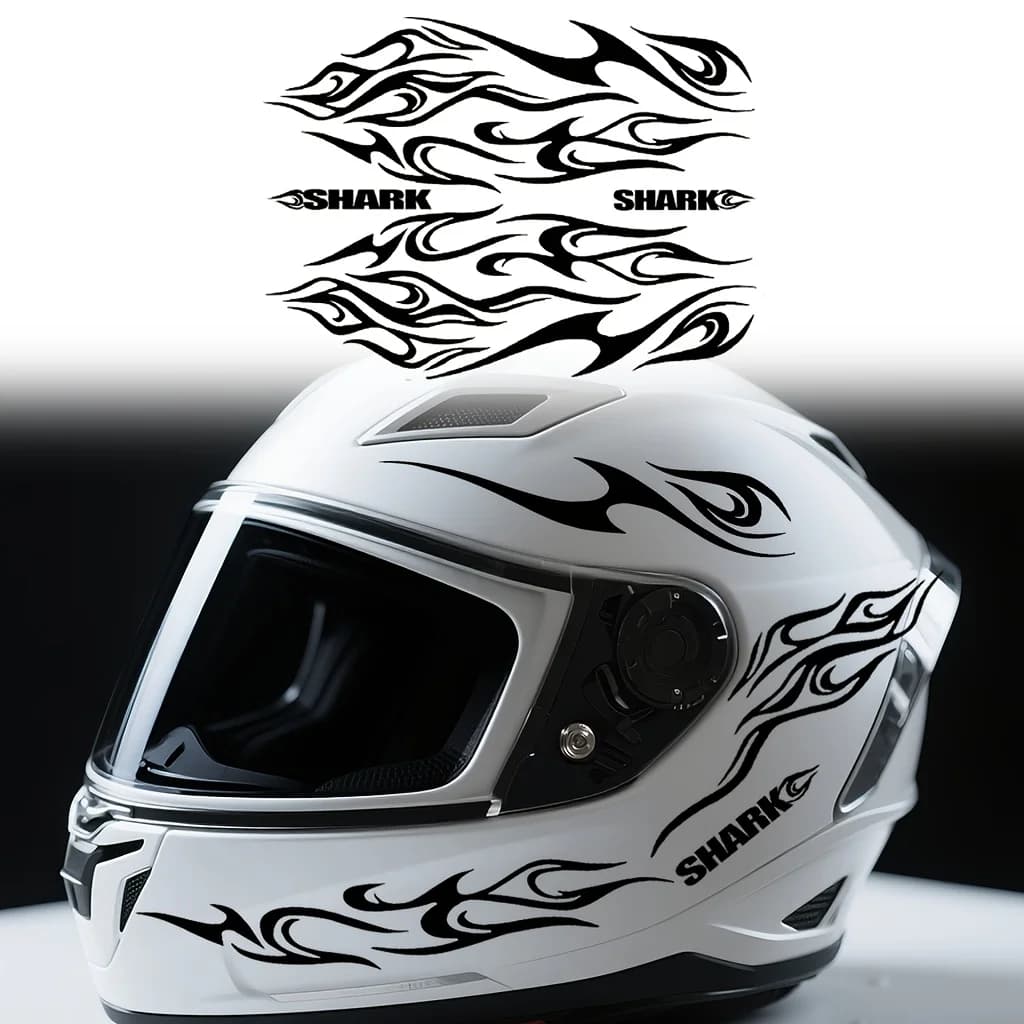 Ensemble d'autocollants pour casque de moto à texture de flamme rétro 8 en 1 avec lettres "Shark"