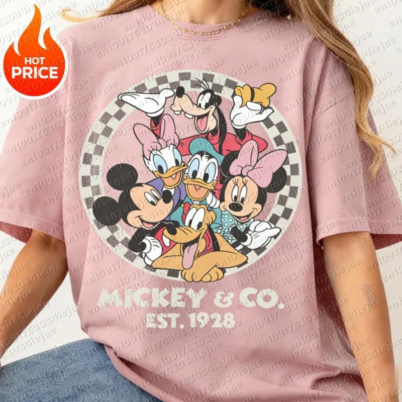 T-shirt en coton Mickey Mouse 2026 pour garçons et filles, vêtements d'été pour la famille, tenue dé