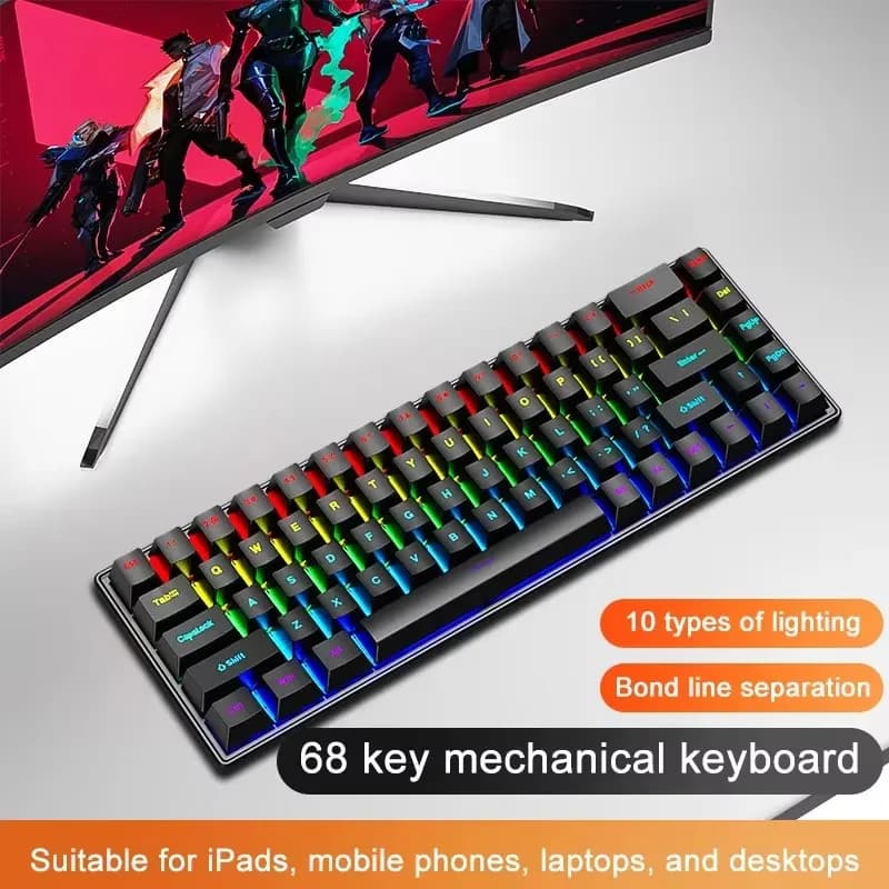 Clavier mécanique filaire K68, 10 types d'éclairage coloré, pour jeux et bureau, pour système Micros