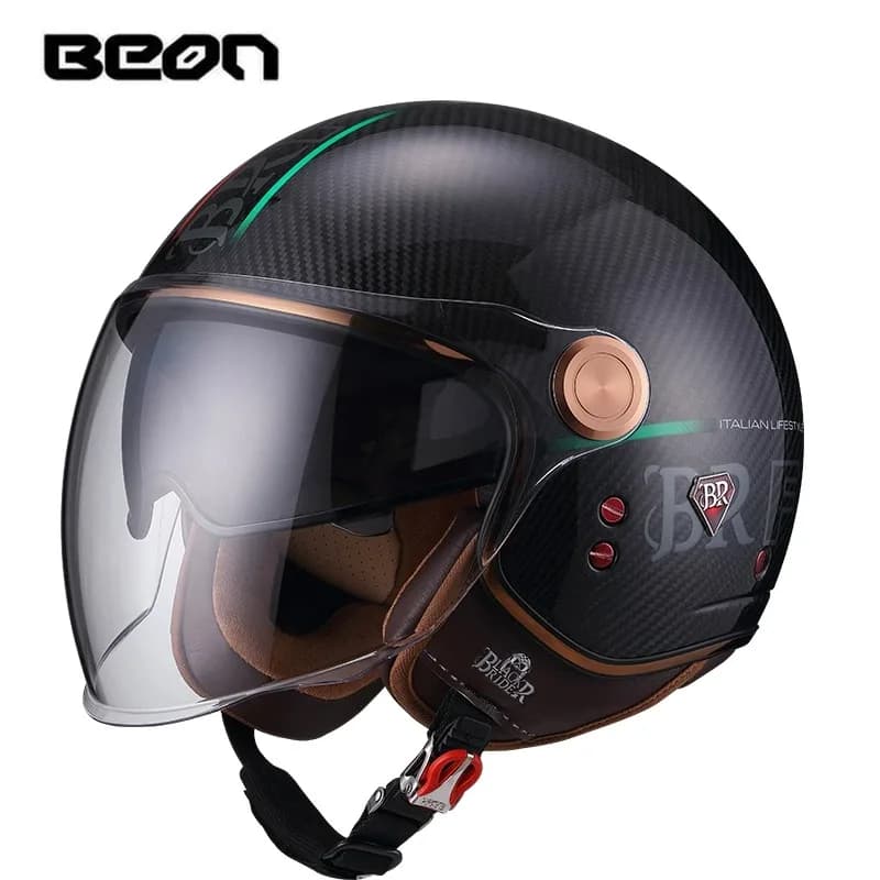 BEON BR-20 Fiber de carbone 3/4 rétro demi Casque visage ouvert Moto Vintage Double lentille Casque 