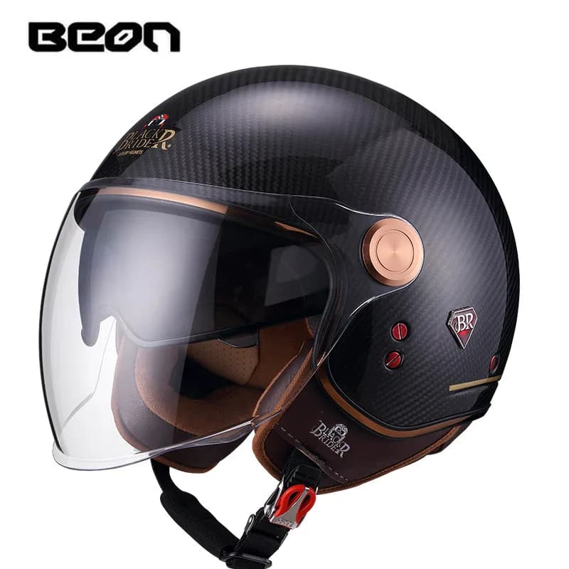 Casque de moto BEON BR20 en fibre de carbone ultra léger, style vintage rétro, 3/4 ouvert, double vi