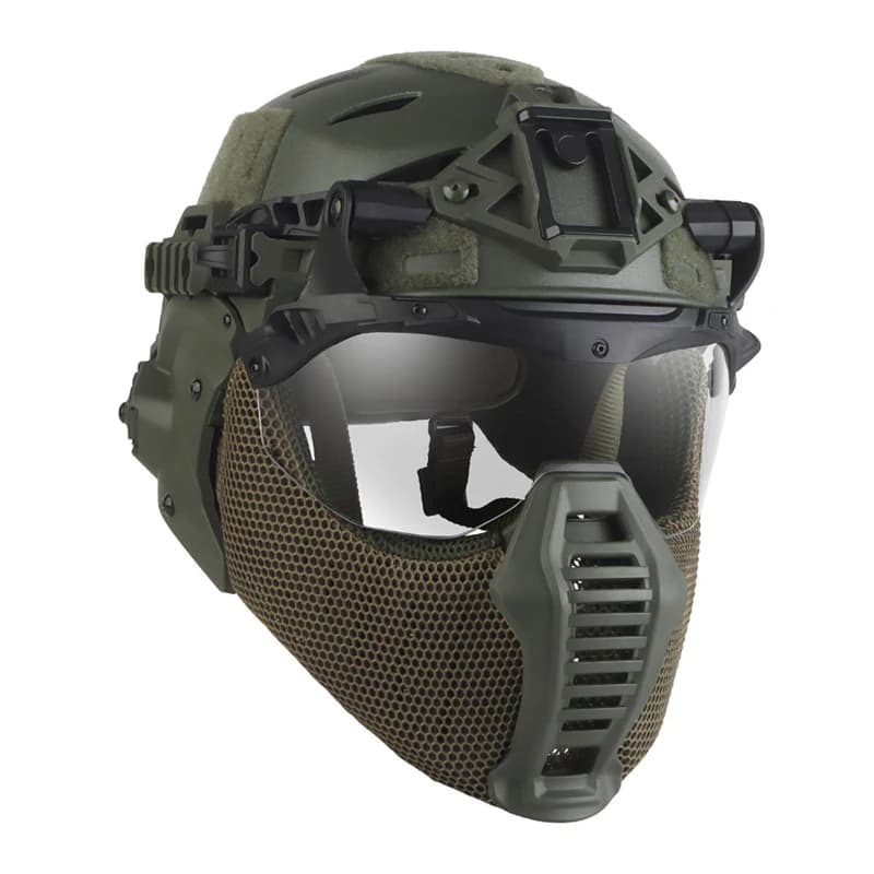 Casque tactique de protection intégrale avec masque demi-visage, protège-bouche/lunettes rabattables