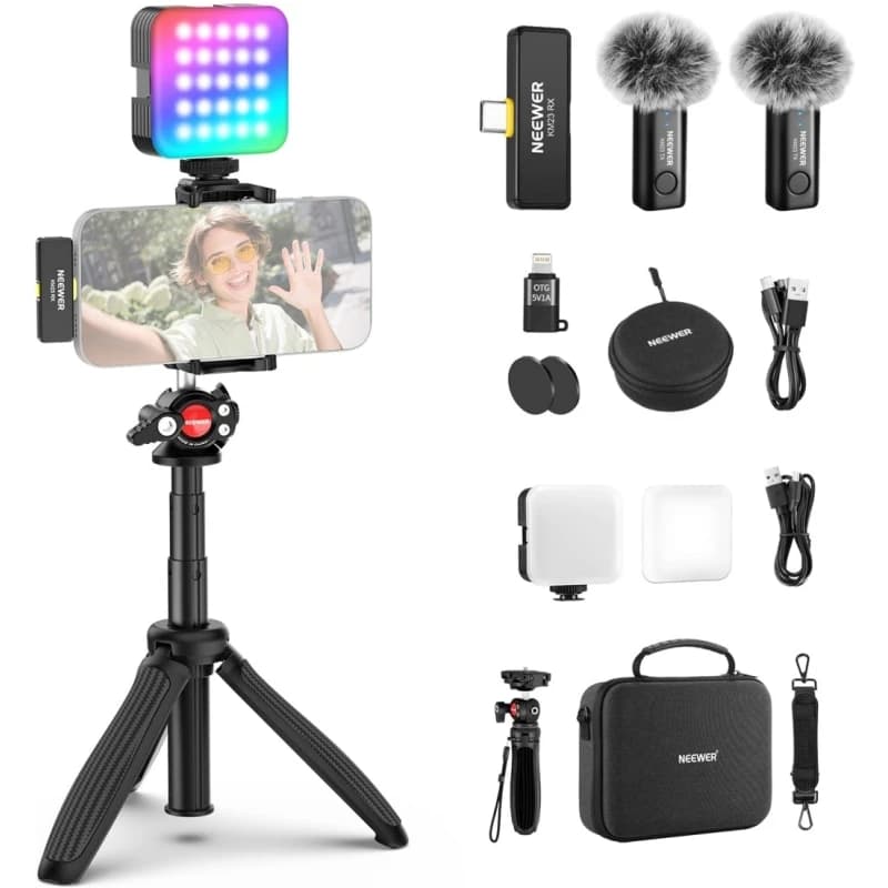 NEEWER Kit de vlogging pour téléphone avec lumière LED RVB/système de microphone sans fil Lavalier/t
