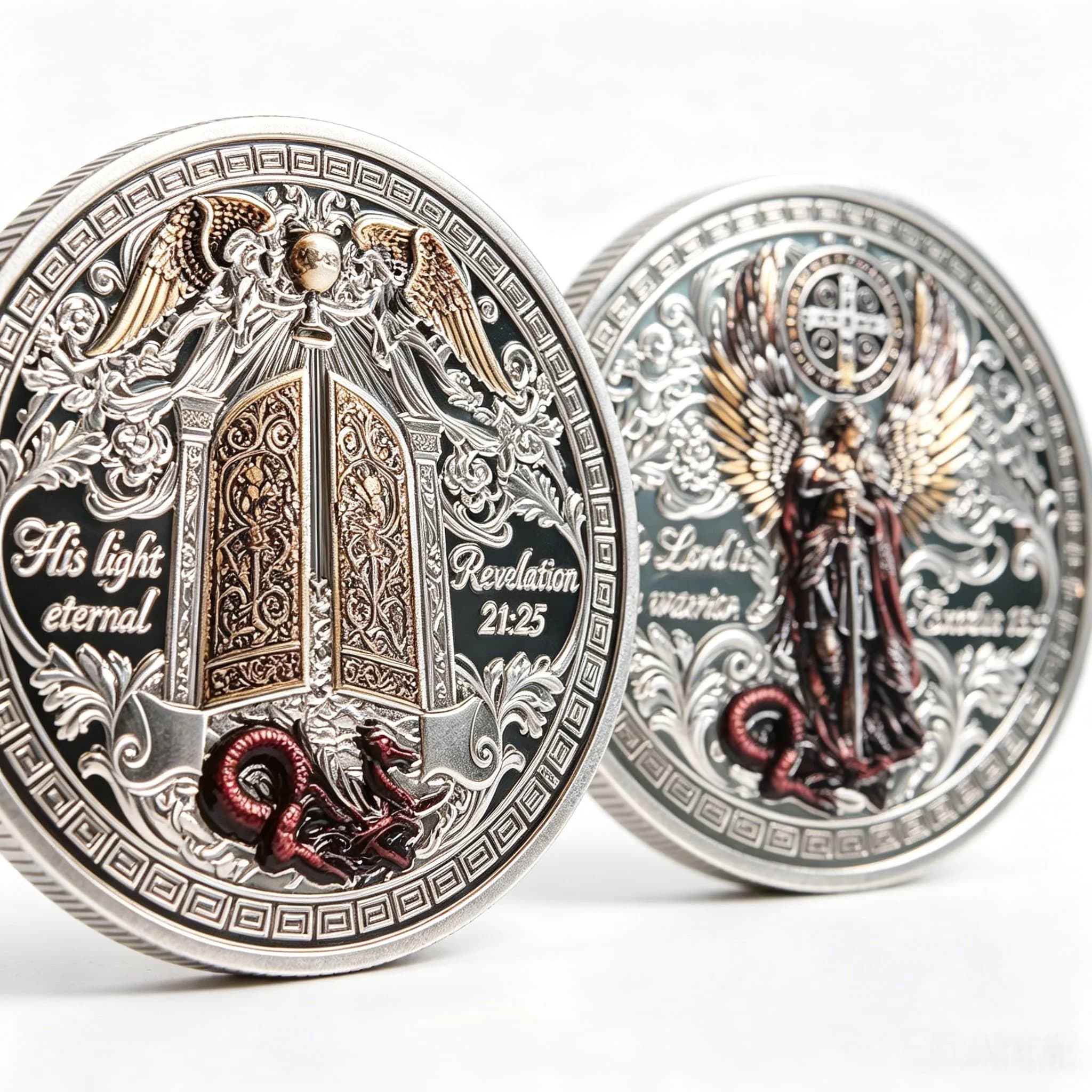Pièce de collection vintage « Ange Guerrier » 3D, plaquée argent, double face, commémorative religie
