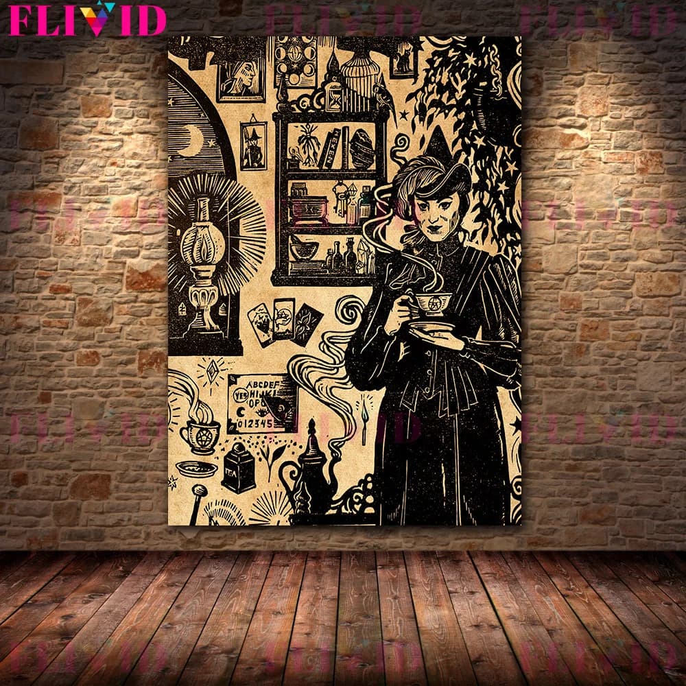 Wwitch en bois, souris d'halloween, peinture sur toile d'art mural Vintage la sorcière de la forêt a