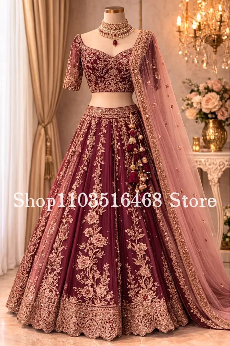 Robe de mariée indienne rouge bordeaux et or, personnalisée, avec décolleté en cœur, haut à manches 
