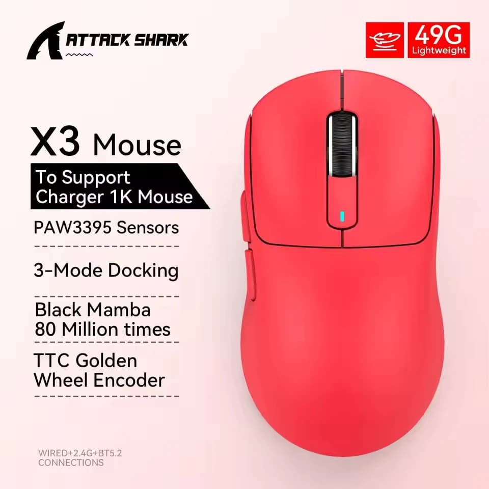 Souris de jeu sans fil ATTACK SHARK X3, trois modes, 49g, ergonomique, pour PC, capteur optique PAW3