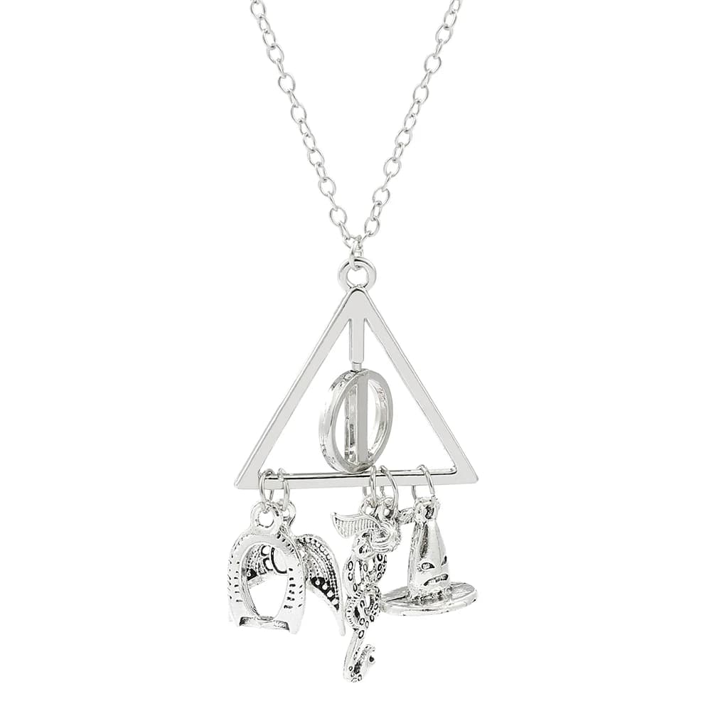 Collier pendentif triangulaire et chapeau magique argenté, accessoire de mode pour les amateurs de f