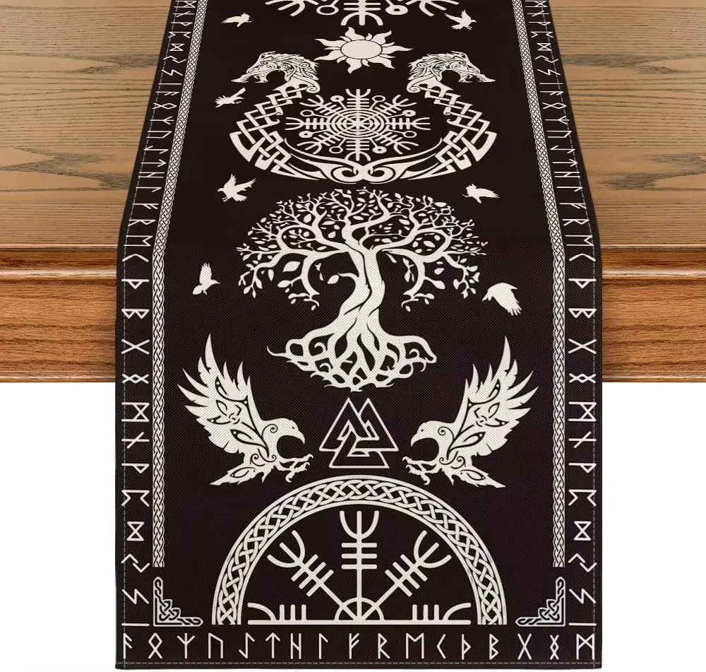 Chemin de table vintage Viking Raven Helmet of Awe Linen - Décor réutilisable pour fête de vacances 