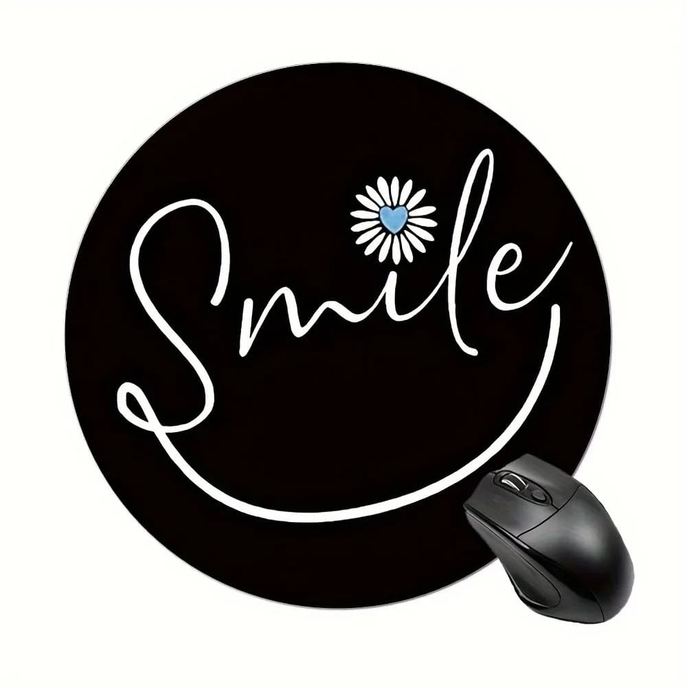 Tapis de souris de jeu à motif sourire, design noir, rond, antidérapant, en caoutchouc, pour bureau,