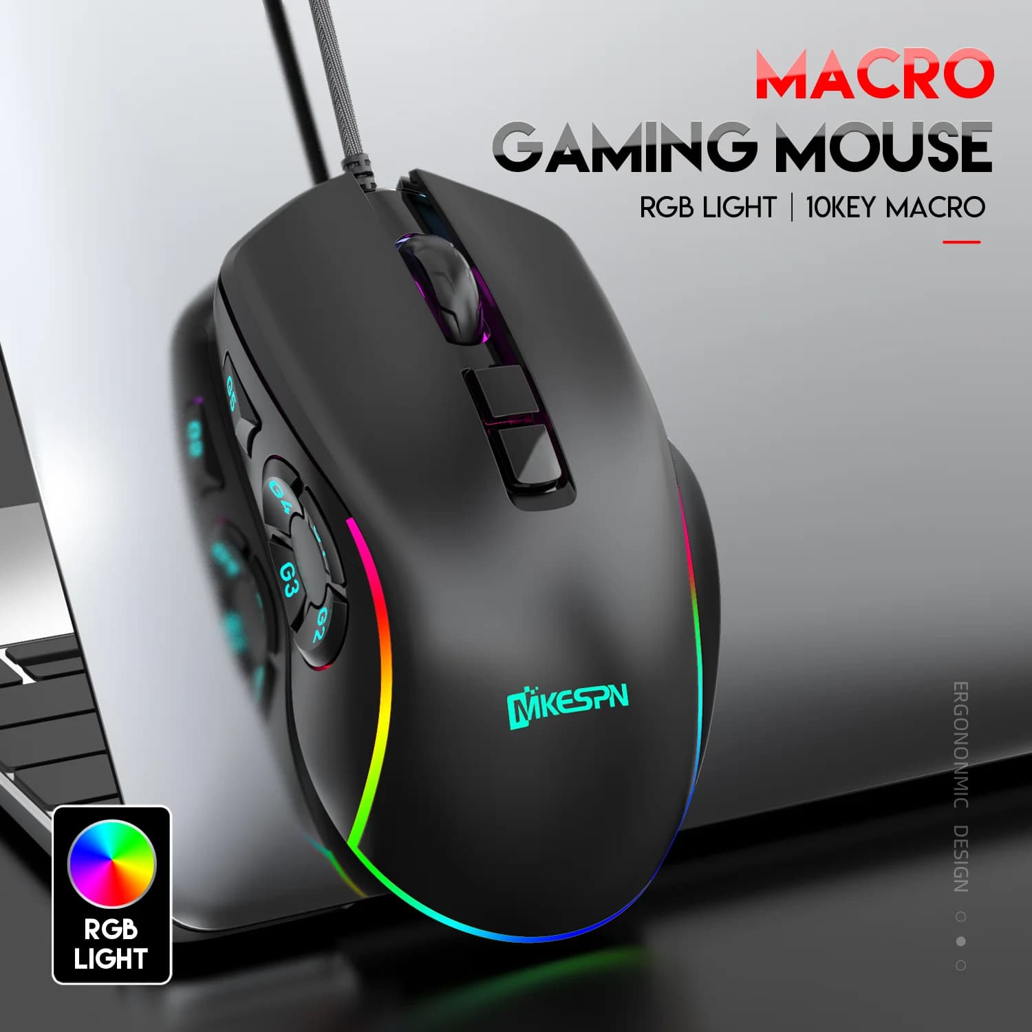Souris de jeu filaire avec rétroéclairage rvb, 7200 DPI réglables, souris avec 10 boutons Macro prog