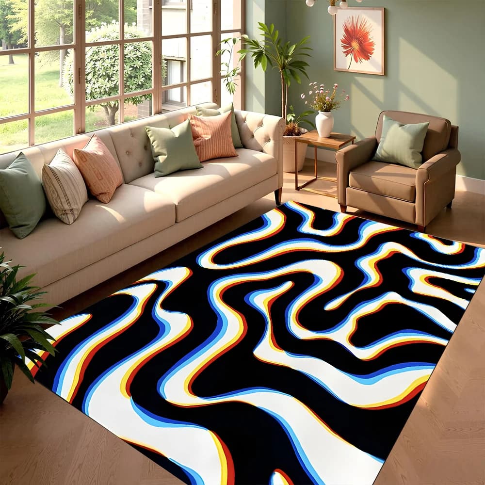 Tapis de zone ondulée psychédélique, tapis de salon, Design contrasté de couleur audacieuse, doux et