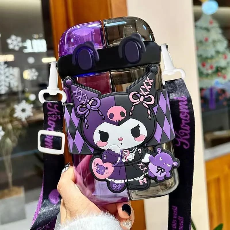 Bouteille d'eau Sanrio Kuromi Hello Kitty avec double paille et compartiment pour enfants, sans BPA,