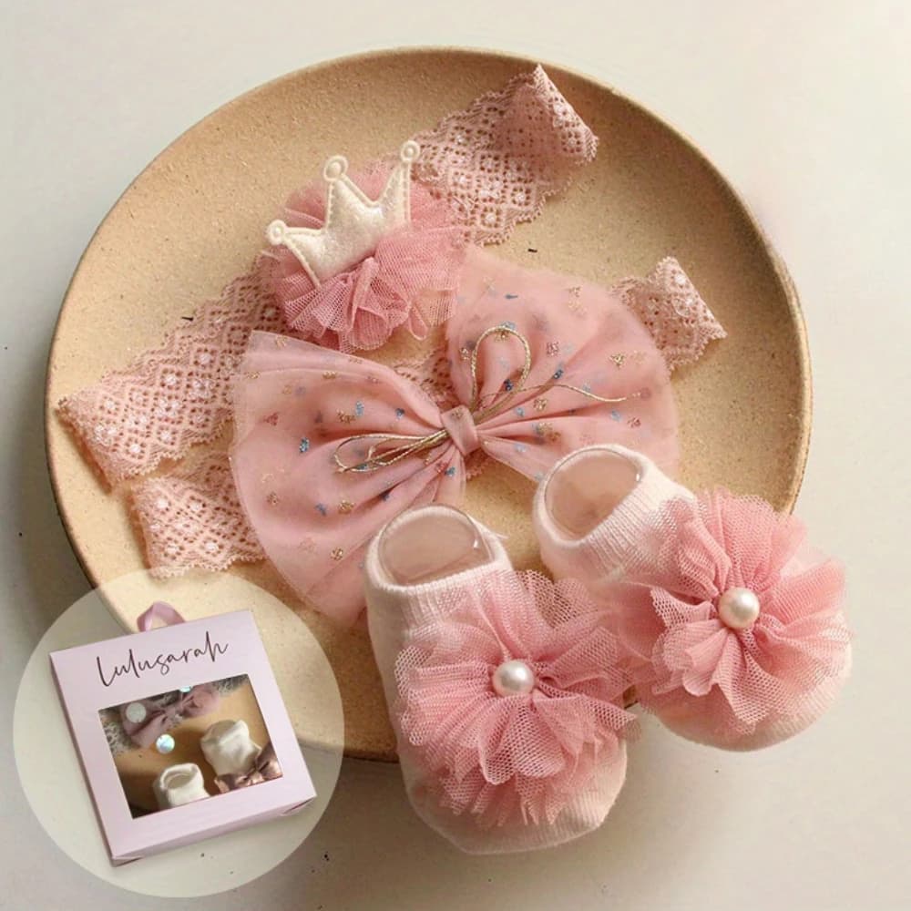 Ensemble d'accessoires pour bébé fille 3 pièces: 1 chaussettes, 2 bandeaux à nœud avec boîte-cadeau,