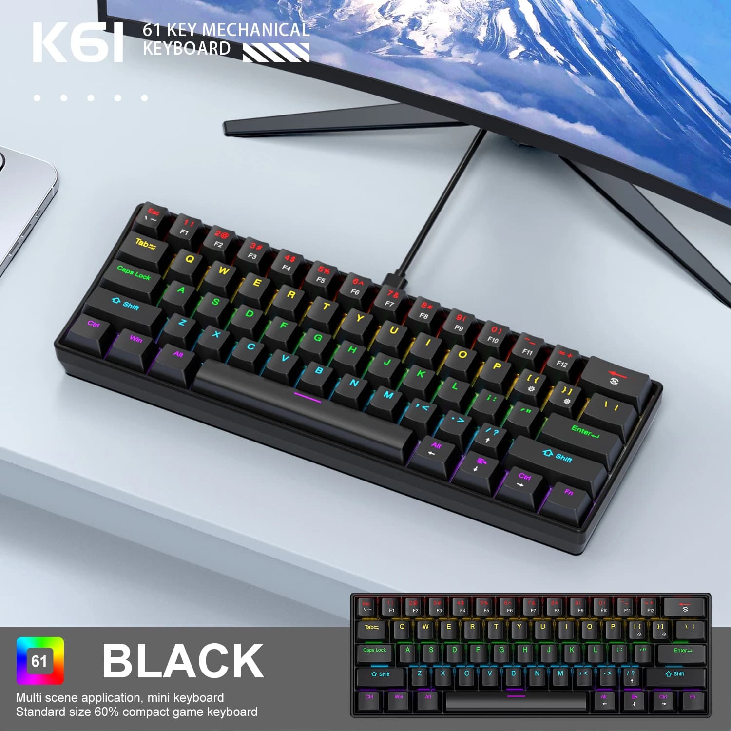 Mini clavier APAYADO K61 clavier mécanique filaire, 60% Portable 61 touches rvb noir, blanc, rouge/b