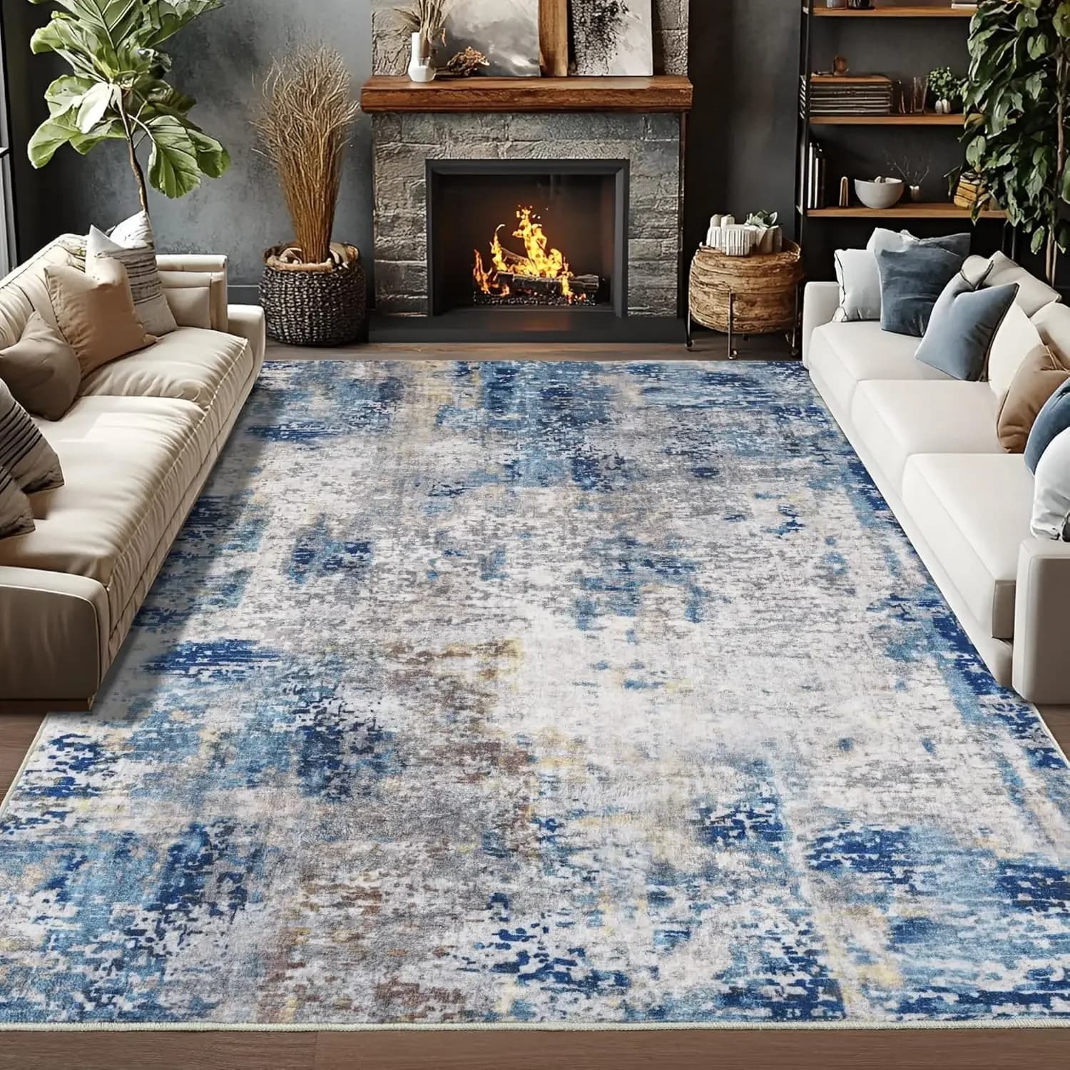 VIKAMA Tapis de zone lavable abstrait moderne pour chambre à coucher, résistant aux taches, antidéra