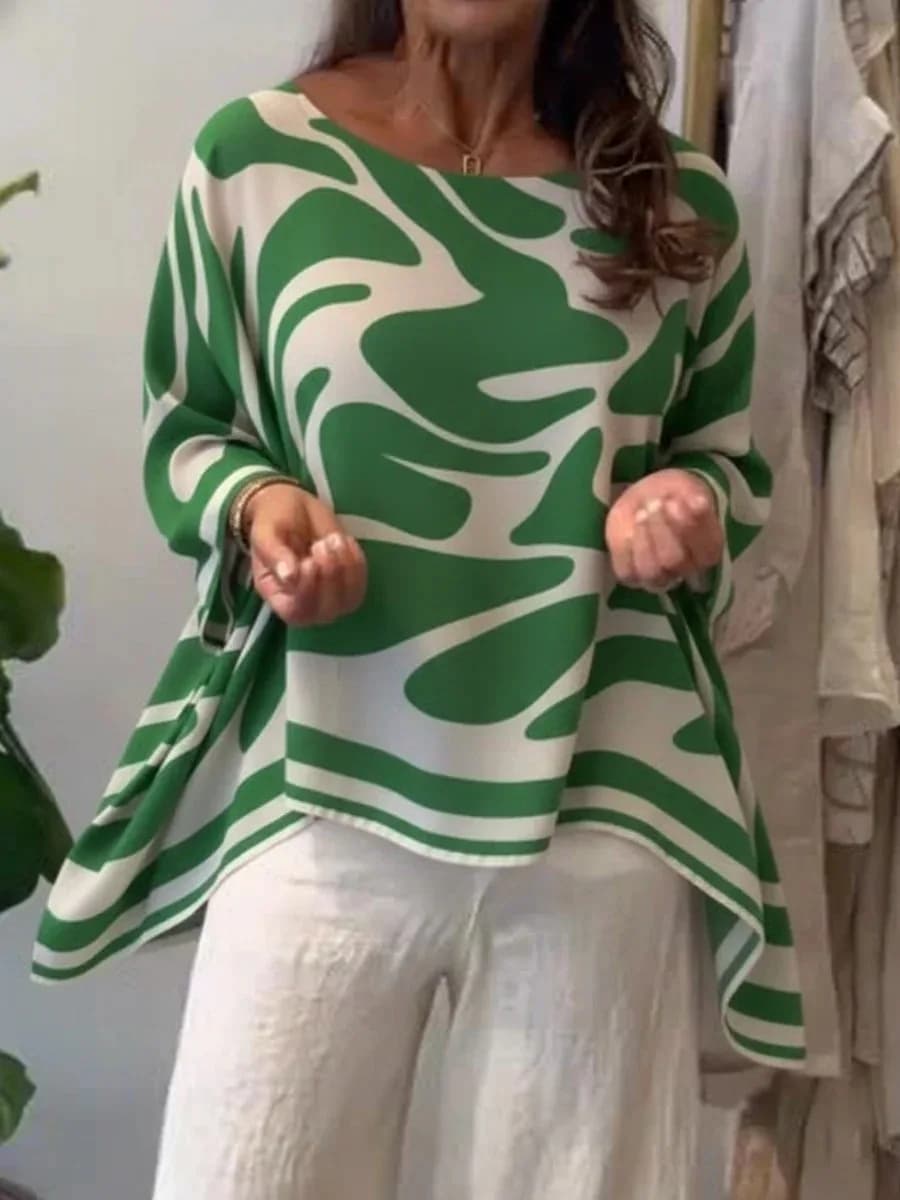 Chemisier en Chiffon Imprimé à Manches Chauve-Souris pour Femme 2026 – Tendance Col Rond Irrégulier 