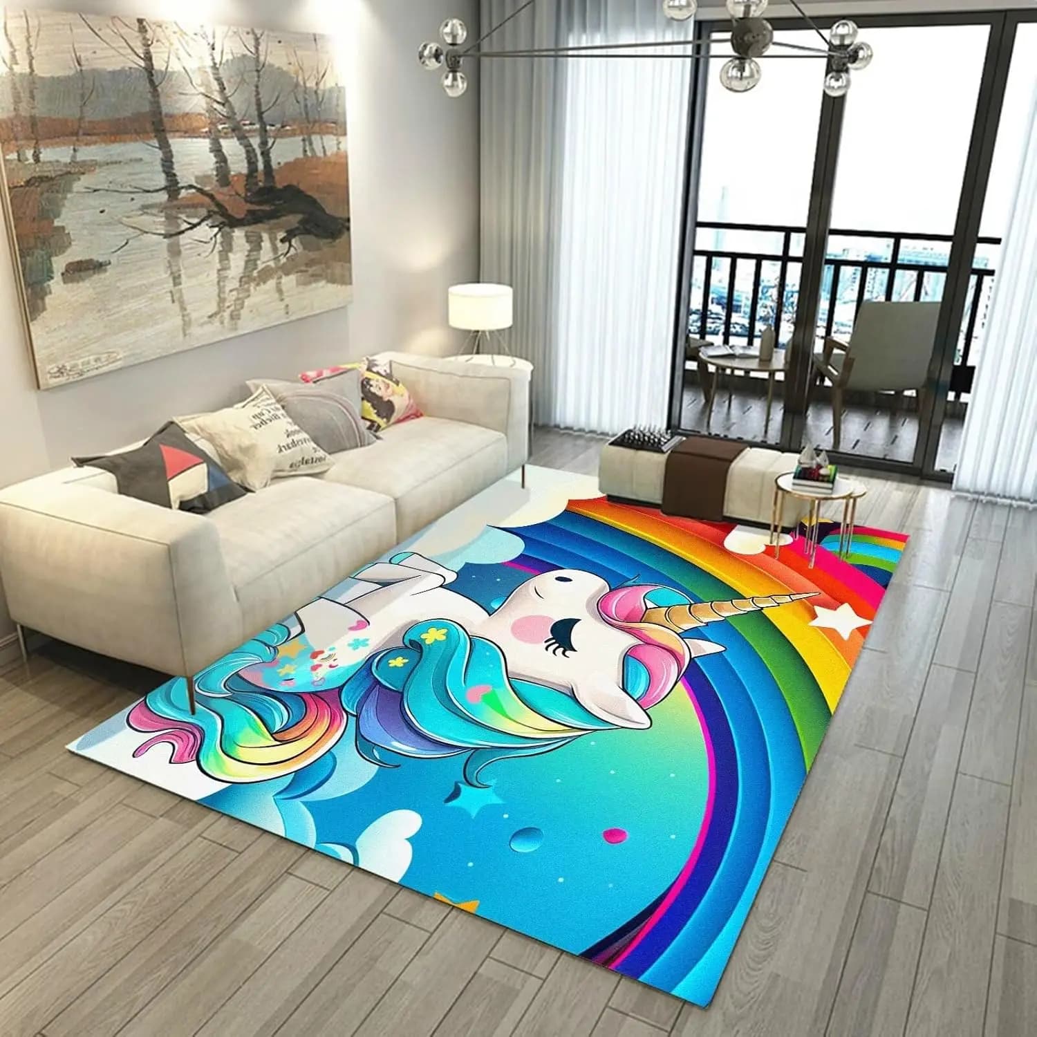 Tapis licorne de dessin animé pour salon, décoration de canapé, tapis de jeu pour enfants, chambre d