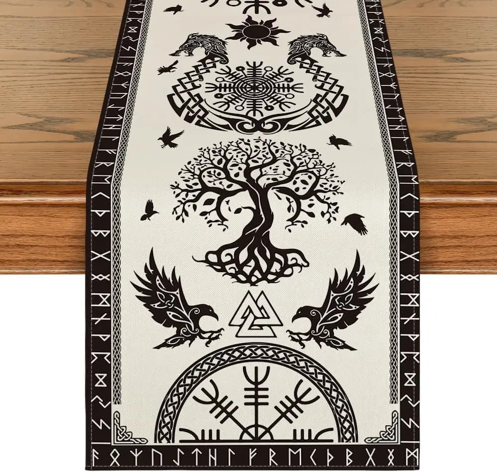 Chemin de Table en lin avec casque de corbeau Viking Vintage, décoration de Table à manger de cuisin